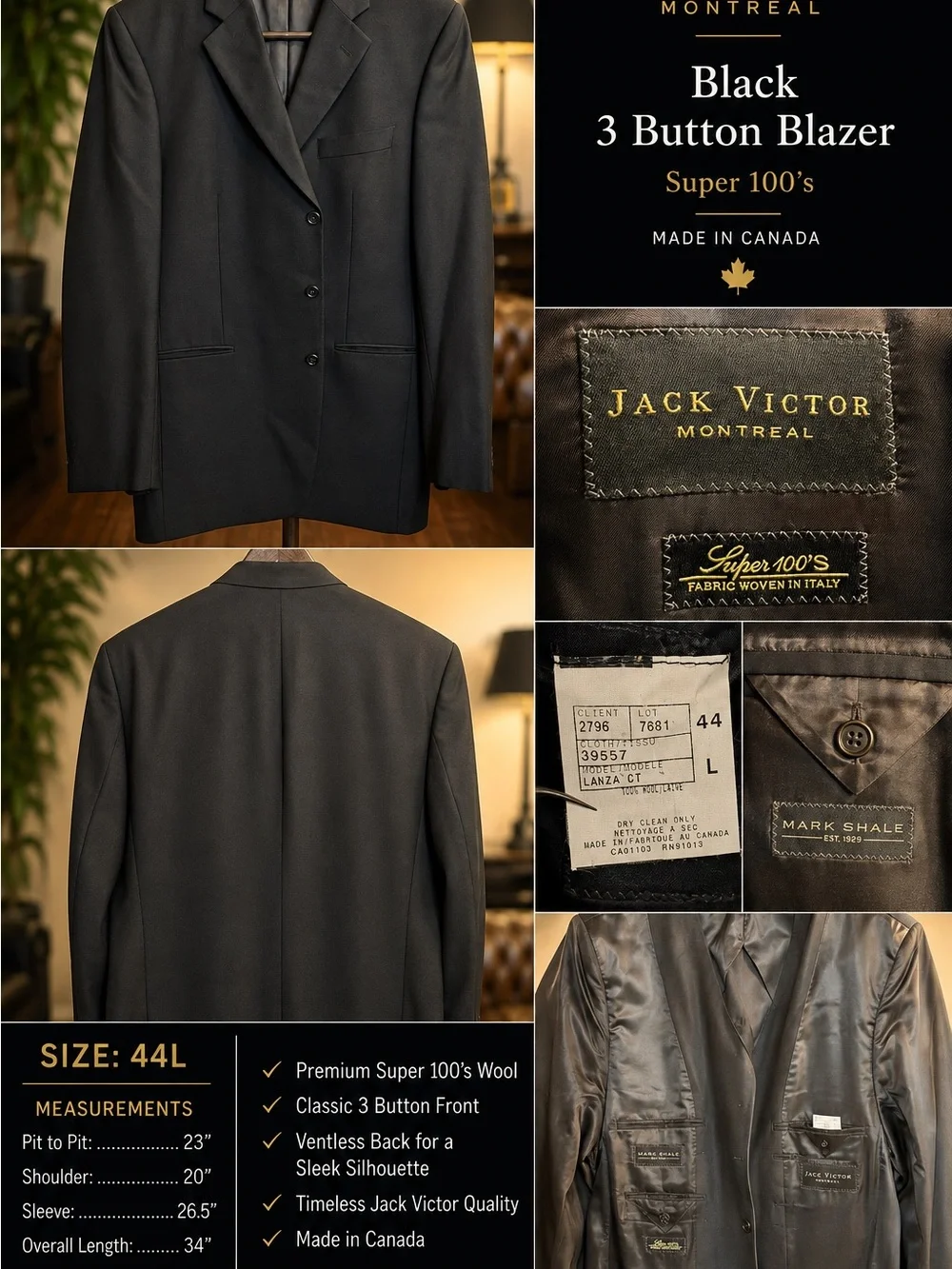 Black 3-Button Blazer - Super 100's Wool (44L)